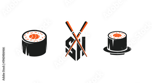 Sushi rolls and chopsticks on white background, Japanese cuisine