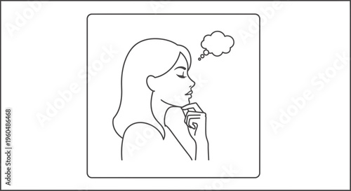 Woman Thinking, Hand on Chin, Thought Bubble Above Head, Line Art