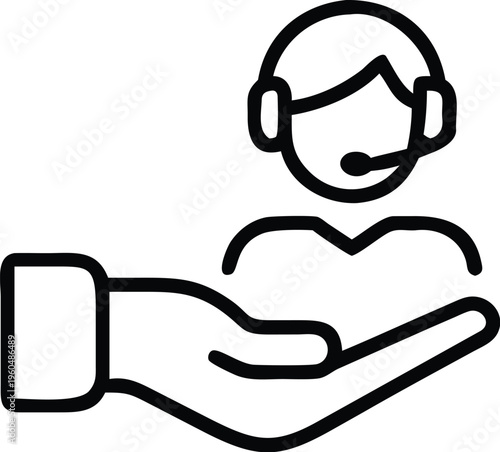 A simple black and white line drawing depicts a person with a headset and microphone offering an open palm high quality professional detailed modern elegant stylish
