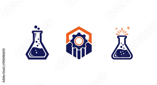 Science and Industry Icons: Flasks and Gear Cog in Hexagon