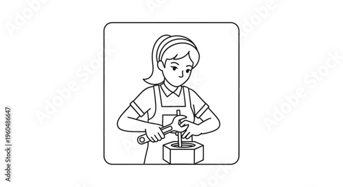 Woman worker fixing mechanical part with wrench, line art illustration