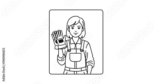 Woman worker wearing gloves and overalls, waving hello, industrial safety concept
