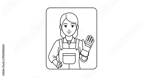 Woman worker waving hello, wearing overalls and protective glove, line art