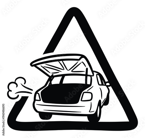 Roadside emergency pictogram showing a broken down car with steam coming from the engine within a cautionary triangle perfect for auto service information and safety messages