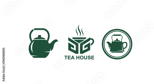 Tea House Logo Set: Kettle, Cup, Emblem. Green Icons on White