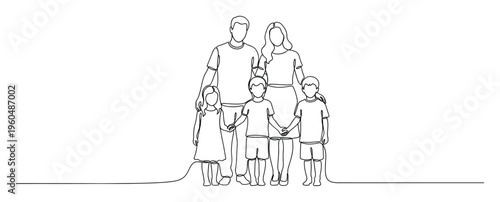 Continuous line drawing of a happy family with three children, two boys and one girl, standing together and holding hands, perfect for illustrating themes of family unity, love, and growth