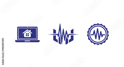 Technology Icons: Laptop with House, Abstract Waveform, and Circular Emblem