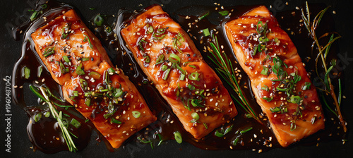 Freshly cooked salmon fillets are marinated with herbs and grilled to perfection. The vibrant colors enhance the appetizing look, showcasing a delicious meal ready to enjoy.