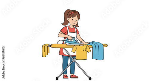 Young girl wearing white apron ironing a yellow shirt on a wooden ironing board with blue iron in domestic setting.