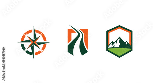 Adventure Icons: Compass, Road, and Mountain Emblem