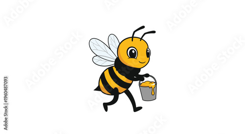 Cute little yellow and black honey bee flying while carrying a small metal bucket filled with golden organic honey.