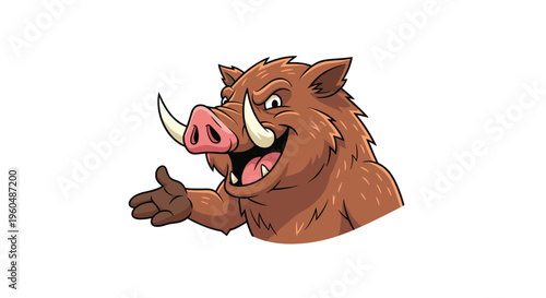 Powerful wild boar head with sharp tusks and fierce expression reaching out its hoof against a white background.