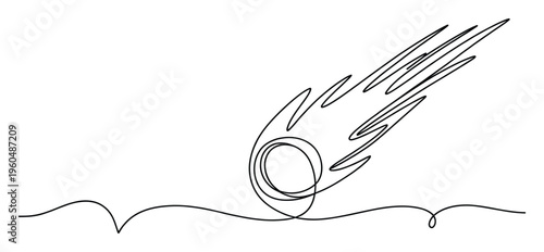 Minimalist continuous single line drawing capturing a stylized comet or meteor falling through the atmosphere, suitable for science presentations, educational materials, and digital media.