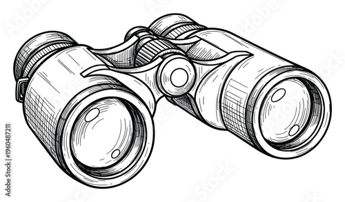 Classic hand drawn sketch style binoculars for outdoor adventure themed projects, travel guides, or educational materials requiring a vintage observation tool graphic
