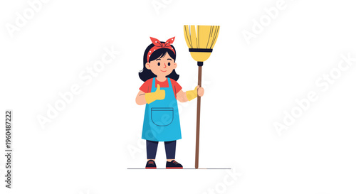 Young girl wearing blue apron and yellow gloves holding a long wooden broom and giving thumbs up after cleaning.