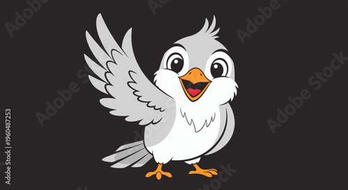 Adorable little grey bird character with large eyes and bright orange beak waving its wing on black background.