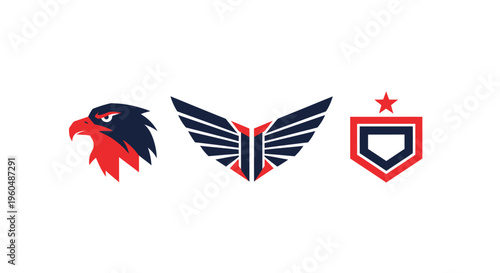 Eagle mascot logo, wings emblem, and baseball home plate icon set on white background