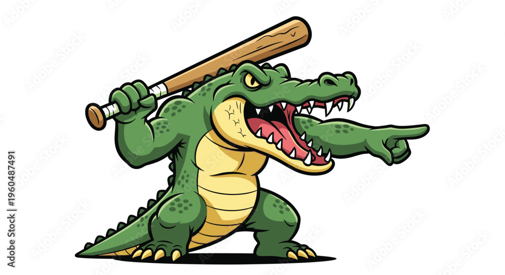 Fototapeta premium Strong and angry cartoon crocodile with visible muscles holds a wooden baseball bat over its shoulder while pointing forward with a fierce expression.