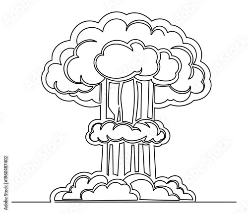 Outline drawing of an atomic bomb explosion mushroom cloud rising from the ground, representing catastrophic events or dangerous energy in minimalist graphic compositions.