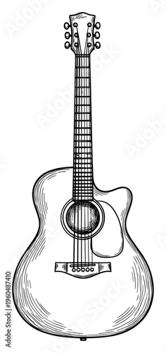 Black and white line drawing of an acoustic guitar, a classic string musical instrument, perfect for musicrelated themes, entertainment visuals, and graphic print projects.
