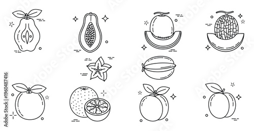 A collection of fresh tropical and citrus fruit outline icons including papaya, melon, star fruit, and orange, perfect for healthy food branding and nutritional content.