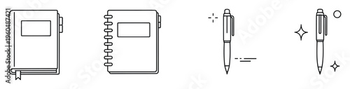 Collection of essential stationery outline icons including a closed book with a bookmark, a spiral notebook, and two different click pens, perfect for educational materials, office