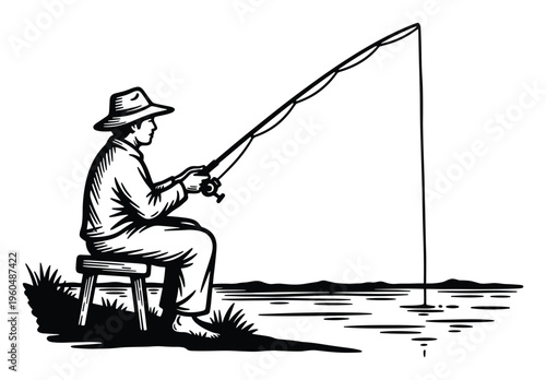 A person enjoying a tranquil day by the water, patiently fishing with a rod and reel from a small stool, perfect for outdoor hobby and leisure activity promotions.
