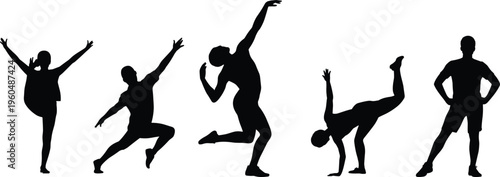 Dance silhouette illustration, five figures in dynamic athletic poses including leap, handstand, lunge, and expressive stances, movement theme, vector art, black isolated bold design