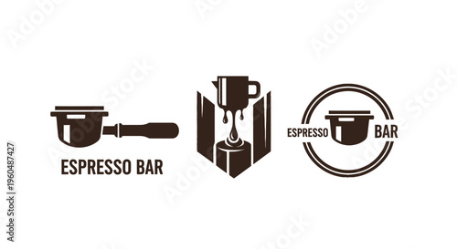 Espresso Bar Logo Icons: Portafilter, Dripping Coffee, and Circular Emblem