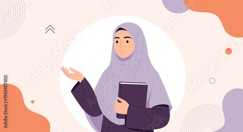 Professional young Muslim woman wearing a purple hijab and dark clothing holds a book while gesturing politely in a clean modern vector illustration.