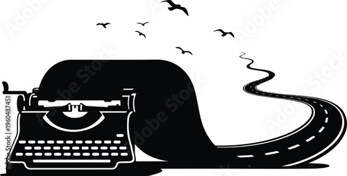 Conceptual Silhouette of Vintage Typewriter with Paper Turning into a Winding Road Symbolizing the Creative Journey of Writing and Storytelling