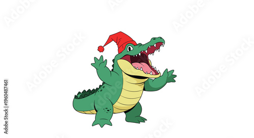 Excited cartoon crocodile wearing a festive red Santa hat opens its mouth wide in a joyful expression for a holiday themed character design on white.