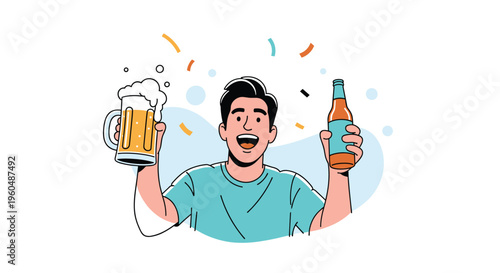 Joyful man in a light blue shirt celebrates a victory or party by holding up a mug of foamy beer and a bottle with colorful confetti in the air.