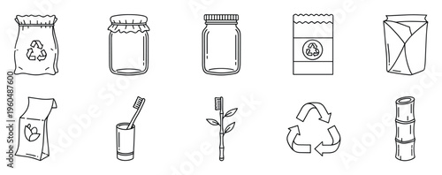 Eco friendly product icons set including sustainable packaging, reusable glass jars, natural bamboo toothbrushes, and recycling symbols for environmental awareness and green living projects.