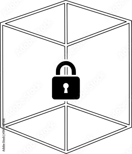 Minimalist quantum data security cube line art, "Created with AI assistance and manually refined."