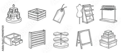 Diverse retail display fixtures and shop merchandise accessories like a jewelry stand, clothing rack, mannequin, shelving unit, price tag, and storage boxes for commercial business visual