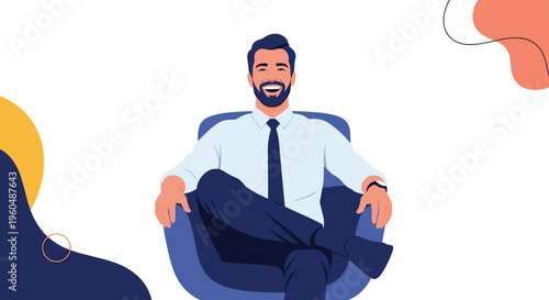 Successful businessman with a beard sits confidently in a blue armchair wearing a white shirt and tie while smiling warmly at the camera on white.