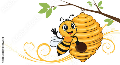 Busy cartoon bee waves its hand while clinging to a large yellow beehive hanging from a leafy green branch with decorative swirls in the background.