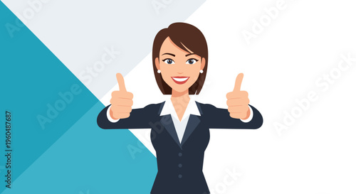 Confident businesswoman in a professional navy blue suit gives a double thumbs up gesture with a friendly smile on a modern geometric background.