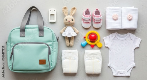 Organized pastel baby essentials bag, toy, clothes, diapers, booties, blankets