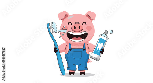 Happy pink pig wearing blue denim overalls holds a large blue toothbrush and a tube of toothpaste to show the importance of good dental hygiene.