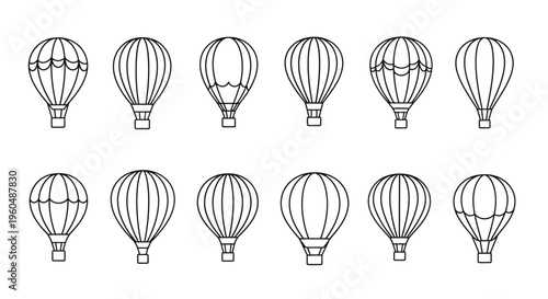 Line drawing of six rows featuring multiple hot air balloons