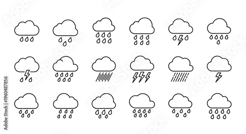 Line art illustrations of various cloud and weather conditions