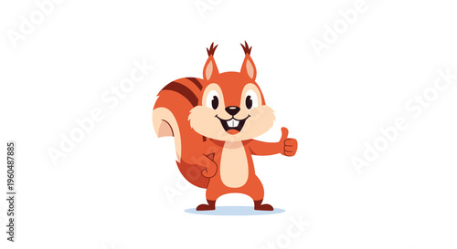 Cheerful brown squirrel with a bushy tail stands on its hind legs and gives a positive thumbs up gesture with a happy and friendly expression.