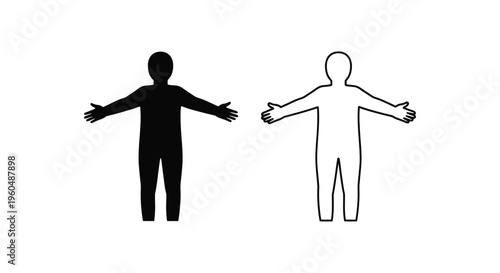 Two minimalist human silhouettes one black and one white with open arms