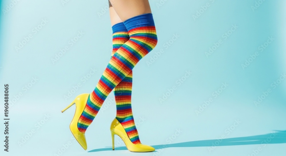 Obraz premium Person in yellow heels and rainbow thigh-high socks stands against blue background