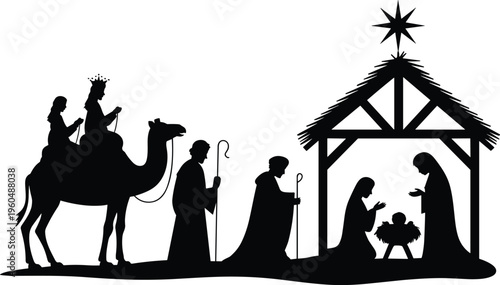 Nativity silhouette illustration, Mary, Joseph, and baby Jesus in manger under star with three wise men approaching, Christmas celebration theme, vector art, black isolated bold design