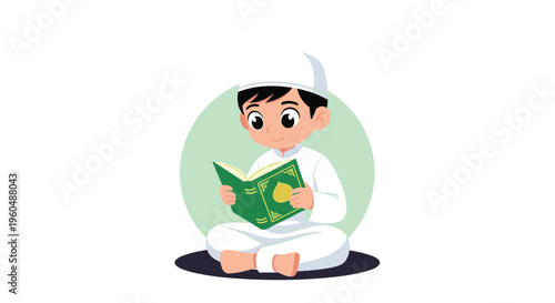 Young Muslim boy wearing a white thobe and kufi cap sits cross legged on the floor while focused on reading the holy book of the Quran on white.