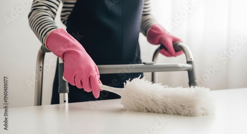 Person in pink gloves dusts table near walker, home care, tidiness