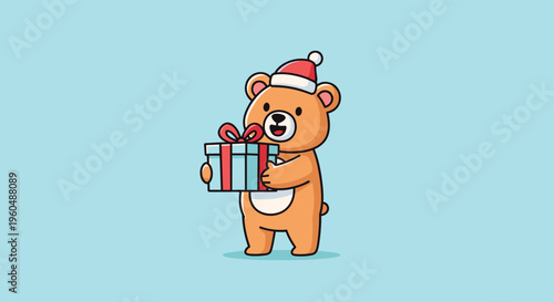 Cute brown teddy bear wearing red Santa Claus hat smiles while holding blue gift box wrapped with red ribbon on light blue background.